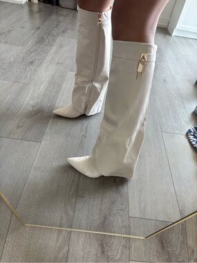 Pointed-Toe Over-the-Knee Boots in Cream with Gold Accent